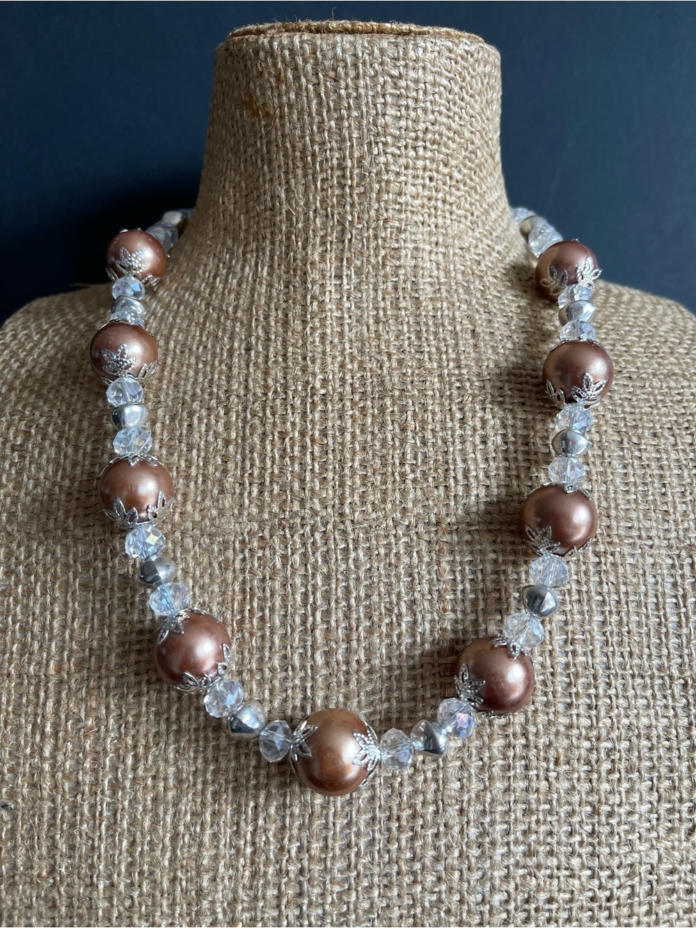 Elegant Brown faux Pearl and Crystal Statement Necklace